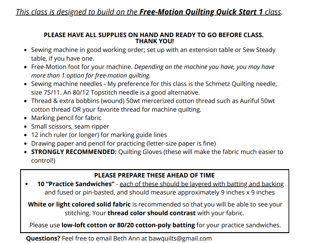 Free-Motion Quilting Quick Start 2 - Online Class, Nov. 2025